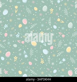 Easter seamless pattern with colorful flowers, Easter eggs and branches on a green background. Vector illustration Stock Vector