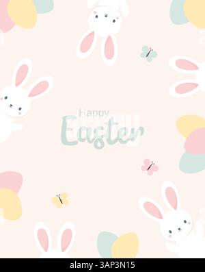 Easter greeting card with cute Easter bunnies and Easter eggs on pastel beige background. Flat vector illustration Stock Vector