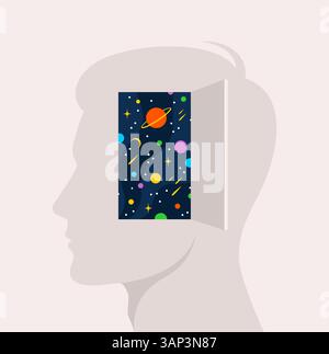 Universe with planets and stars behind open door in head of human silhouette. Vector illustration in flat style Stock Vector