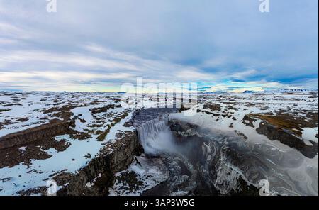 Aerial view of frozen Waterfall Dettifoss in snowy Iceland. Stock Photo