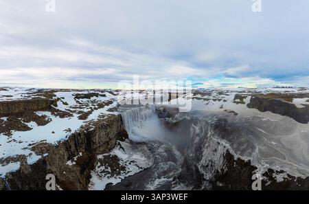 Aerial view of frozen Waterfall Dettifoss, Reykjahlid, Iceland. Stock Photo