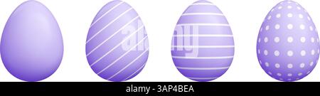 Cartoon 3d Easter egg set - purple solid oval shapes decorated striped diagonal lines, cute polka dots patterns Stock Vector