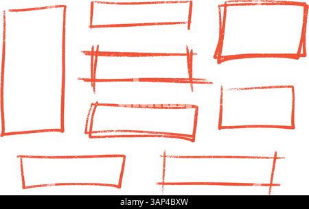 Rectangle highlight red crayon set - sketchy hand drawn rough shapes ink underlining Stock Vector