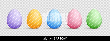 Pastel Easter egg 3d vector set - cartoon shapes with solid color, polka dots, strips and diagonal lines patterns Stock Vector