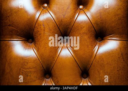 The texture of the leather sofa upholstery, brown, with rivets. Stock Photo