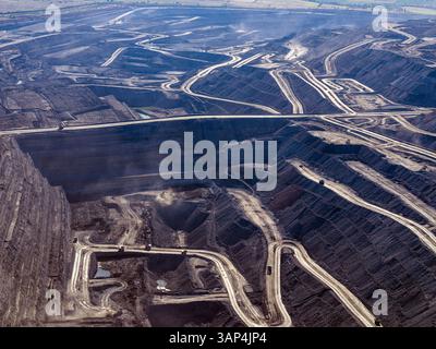 Aerial view of open cut coal mining with roads and excavation, Edderton, New South Wales, Australia. Stock Photo