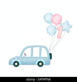 Cute vehicle with number 1 balloons illustration isolated. Car cartoon drawing for baby first birthday event and thanksgiving decorations Stock Photo