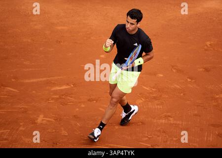 BARCELONA, SPAIN - APRIL 15: Jaume Munar of Spain celebrates after winning match point against Frances Tiafoe of United States in the Men's Singles first Round Match during day two of the Barcelona Open Banc Sabadell 2025 at Real Club De Tenis Barcelona on April 15, 2025 in Barcelona, Spain. ( Credit: QSP/Alamy Live News Stock Photo
