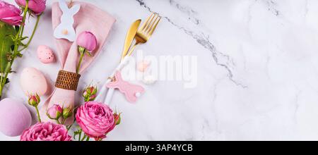 Minimal Easter Flat Lay with Bunny Ornament and Eggs Stock Photo