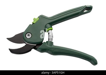 Green gardening secateurs isolated on white with clipping path included. Pruning shears Stock Photo