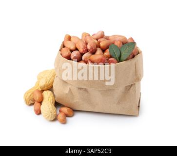 Fresh peanuts in paper bag and unpeeled ones isolated on white Stock Photo