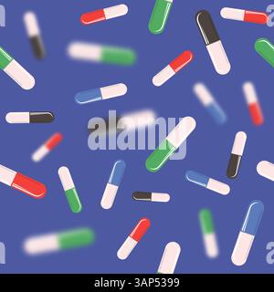 Vector Colorful Pills Blisters Seamless Pattern Isolated on Blue Background. Stock Vector