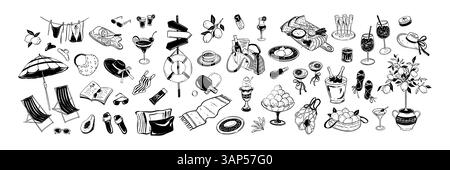 Hand drawn doodle summer vacation aethetic design elements. Sea beach coastal sketch drawing. Italian, Amalfi, Positano, Nice la Dolce vita style. Gir Stock Vector