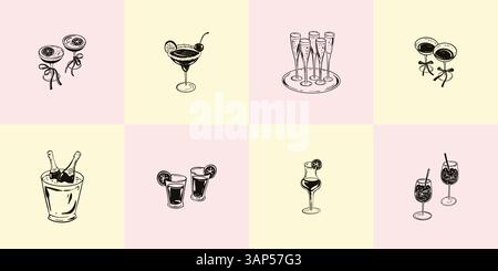 Summer bar doodle hand drawn elements. Alcohol cold drinks, champagne bottle and tray with sparkling wine glasses, martini, aperol sprits. Coquette st Stock Vector