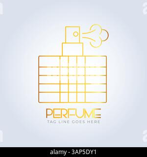 perfume logo, perfume shop, Luxury perfume, line logo, bottle, elegant perfume, attar logo, golden color, creative logo, spray, silver background Stock Vector