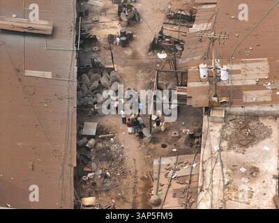 Aerial view of busy dockyard with craftsmen and workers assembling propellers, Dhaka, Dhaka, Bangladesh. Stock Photo