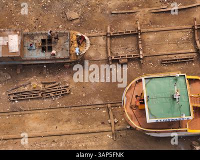 Dhaka, Bangladesch - 21 February 2025: Aerial view of a bustling dockyard with ships and vessels, Dhaka, Dhaka, Bangladesh. Stock Photo