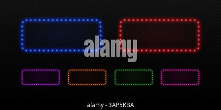 Frame with neon bulbs. Retro rectangles lamp light border. Billboard for casino, circus or cinema. Set of vector elements in blue, green and purple. Stock Vector