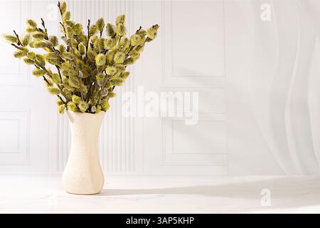 Delicate willow branches in vase on elegant background, abstract spring flower arrangement. Easter card and still life, minimalist holiday concept, re Stock Photo