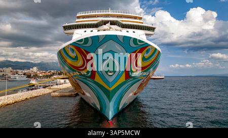 Split, Croatia - 16 April 2024: Aerial view of cruise ship on the sea, Split-Dalmatia, Croatia. Stock Photo