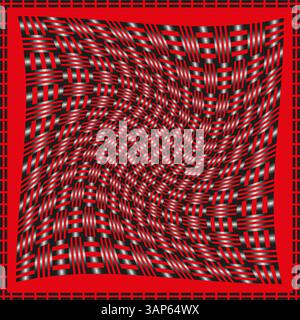 Woven red pattern. Vector optical illusion. Black white gradient. Red border frame. Stock Vector
