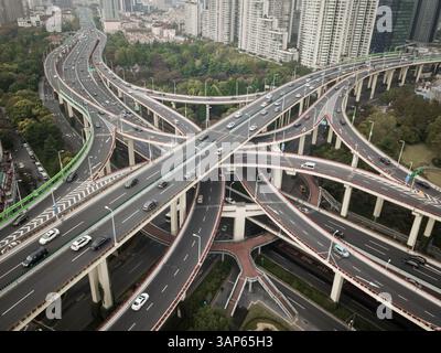 Aerial view of multi level interchange in Shanghai, China. Stock Photo