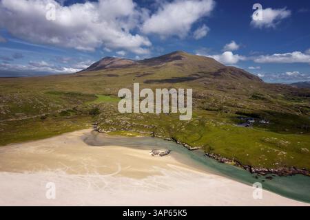 Aerial view of the landscape along the beach near the Lost Valley view point in County Mayo, Ireland. Stock Photo
