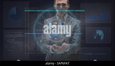 Image of data processing on screens, globe spinning and scope scanning over businessman Stock Photo