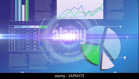 Image of light moving over processing circle on scientific graph and data Stock Photo