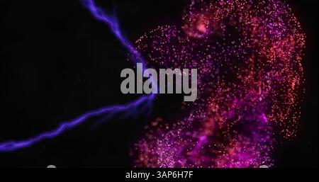 Image of glowing blue lightning flashes over floating pink particles on dark screen Stock Photo
