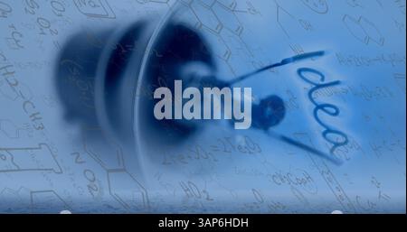 Image of chemical formulas on blue background with bulb Stock Photo