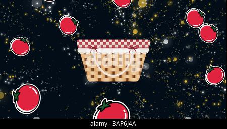 Image of picnic hamper with falling red tomatoes over yellow and white dots on black background Stock Photo