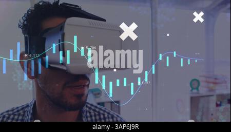 Man interacting with interface at modern workspace, using virtual reality goggles and colorful data Stock Photo