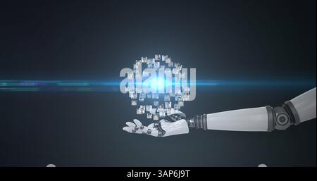 Image of growing network of people over hand of robot arm, with moving light on dark background Stock Photo