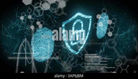 Image of biometric fingerprint and online security padlock over data processing Stock Photo
