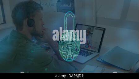 Image of biometric fingerprint over caucasian man using phone headset and laptop Stock Photo