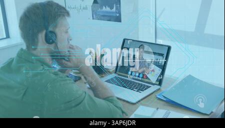 Image of biometric fingerprint over caucasian man using phone headset and laptop Stock Photo
