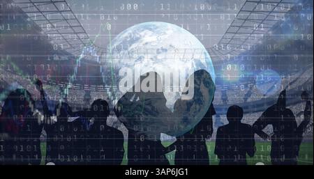 Image of globe with graphs and data processing over sports fans at stadium Stock Photo