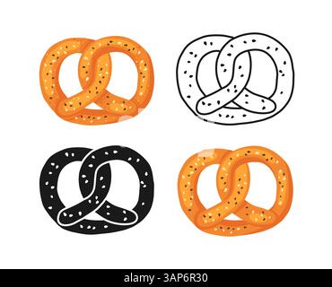 Pretzel with sesame traditional German Bavarian food. Hand drawn wheat cracker biscuit snack doodle outline silhouette cartoon set. For bakery grocery branding Vector food art illustration isolated Stock Vector