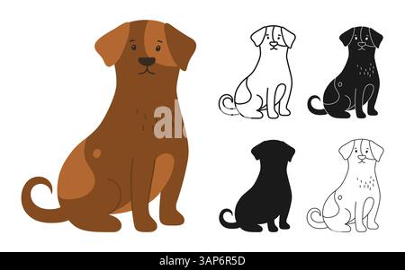 Dog cartoon character illustration set. Friendly simple dog sits symbol, silhouette, linear doodle, icon style. Funny stylized sign domestic pet animal for pet branding, logos isolated vector art Stock Vector