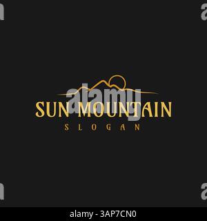 Mountain and Sun Circle Simple Unique Line Design Style with Premium Black Striped Background Stock Vector