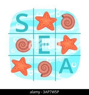 Sea themed illustration with starfish, seashells, and the word SEA in a grid layout. Perfect for marine or beach projects Stock Vector