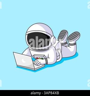Cute Astronaut Lying Down Pose Working on Laptop Vector Illustration Cartoon Design Stock Vector