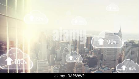 Image of digital clouds with percent going up over cityscape Stock Photo