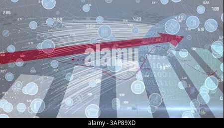 Image of red arrow with statistics processing over cityscape Stock Photo