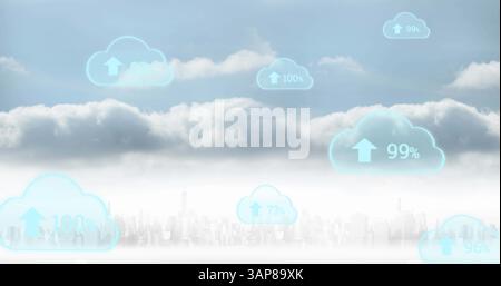 Image of digital clouds with percent going up over cityscape Stock Photo