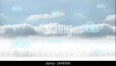 Image of digital clouds with percent going up over cityscape Stock Photo