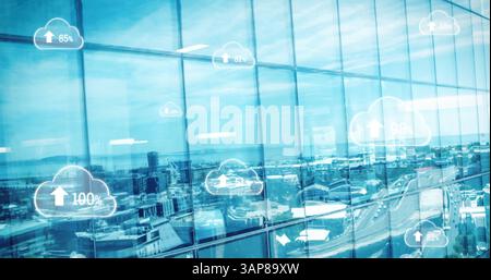 Image of digital clouds with percent going up over cityscape Stock Photo