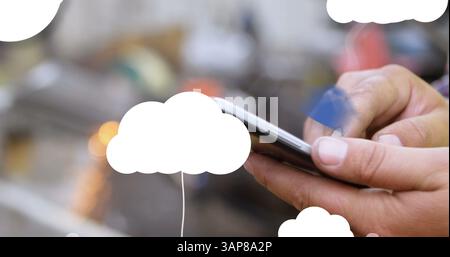 Image of digital clouds with icons over man using smartphone Stock Photo