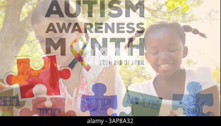 Image of colourful puzzle pieces and autism text over girls using tablets Stock Photo